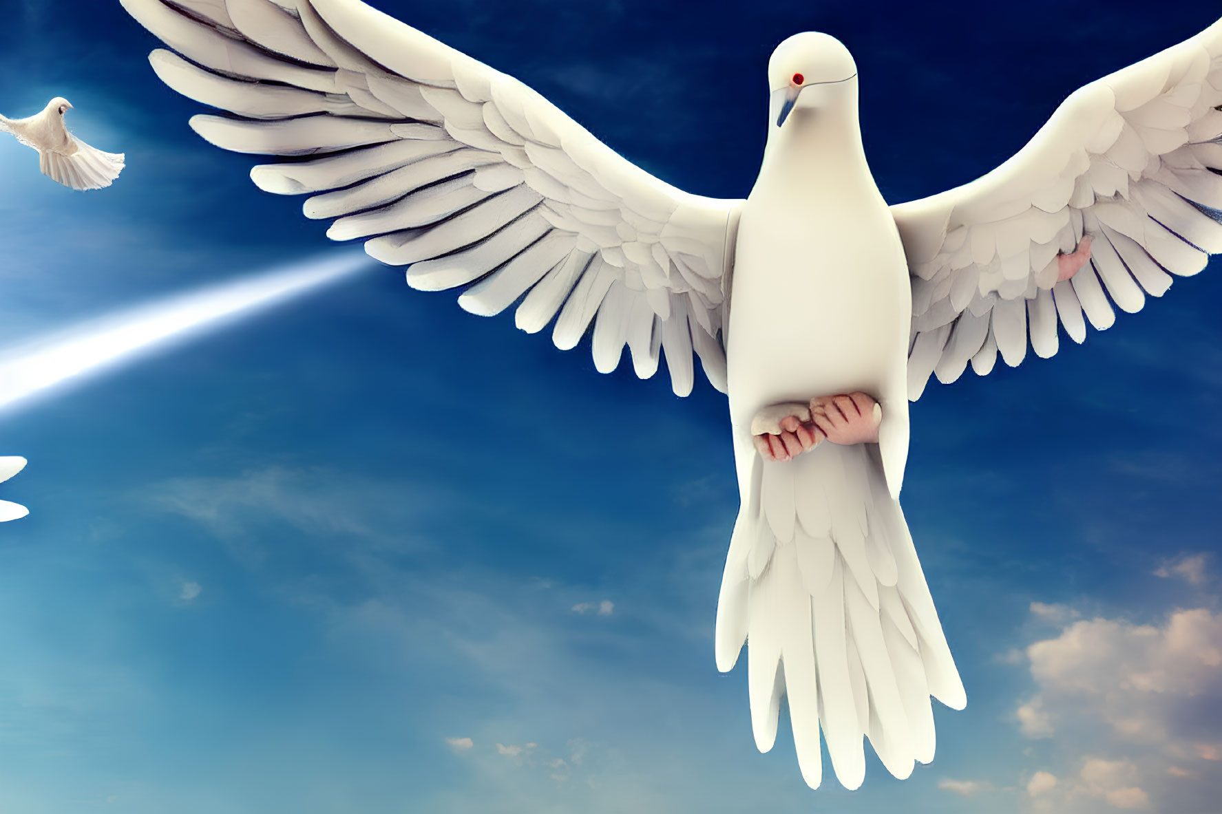 Stylized white doves in flight against blue sky