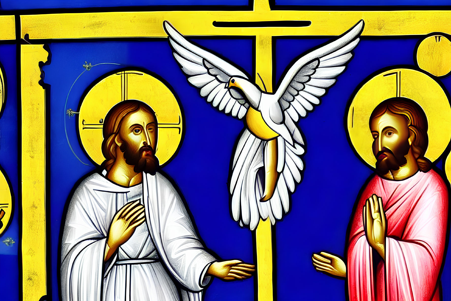 Religious figures in colorful robes by cross with dove, stained glass style