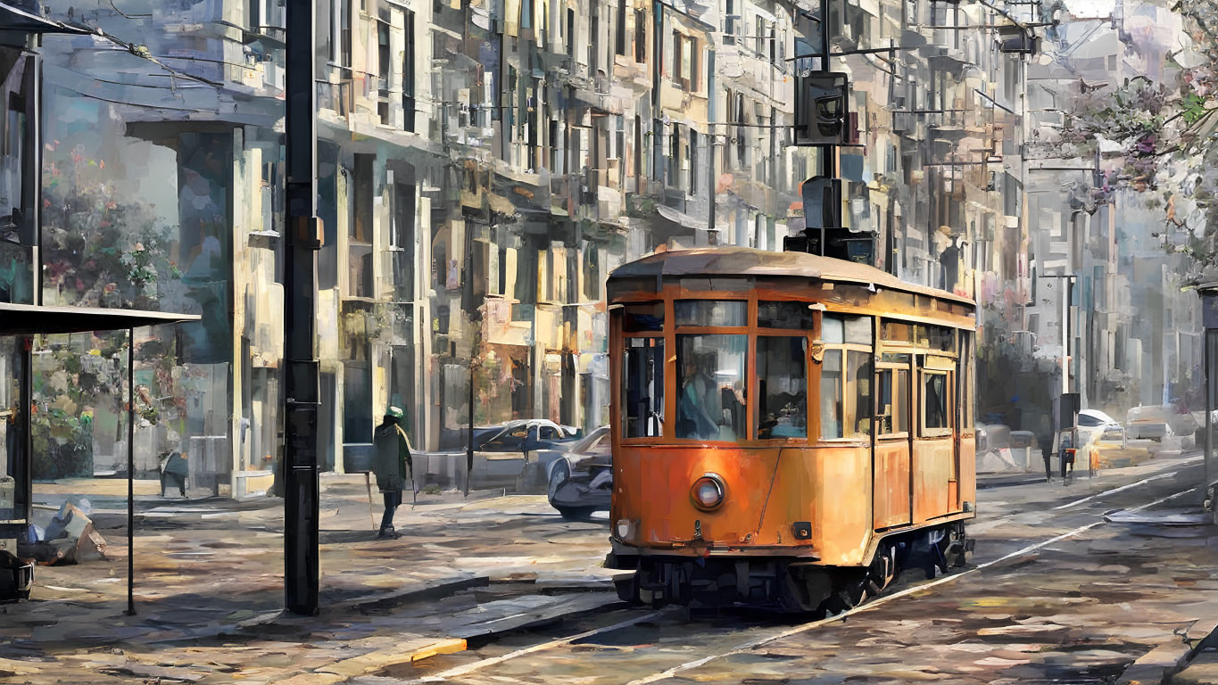 Vintage orange tram on sunlit street with pedestrians