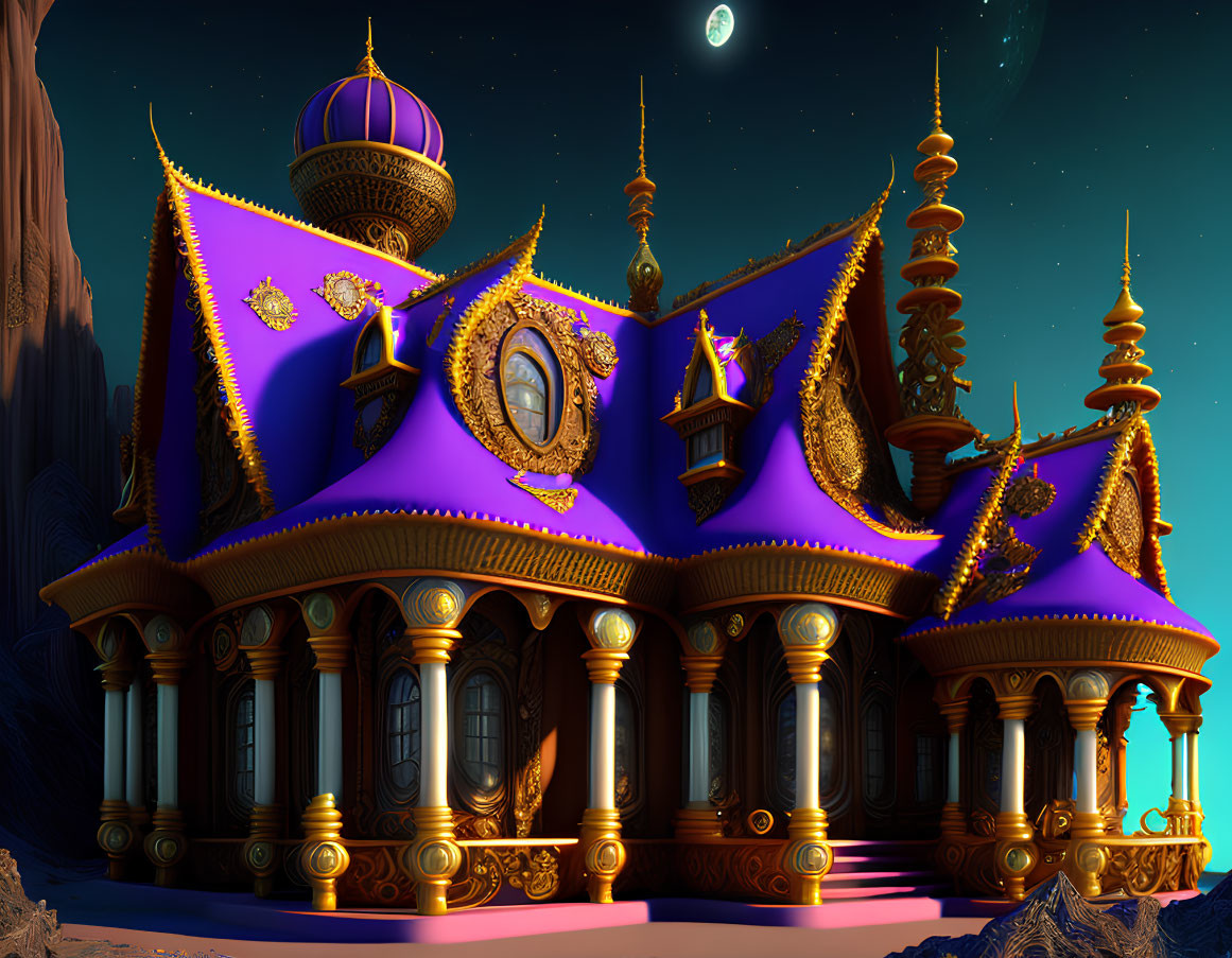 Vibrant magical castle with deep purple roof and golden trimmings