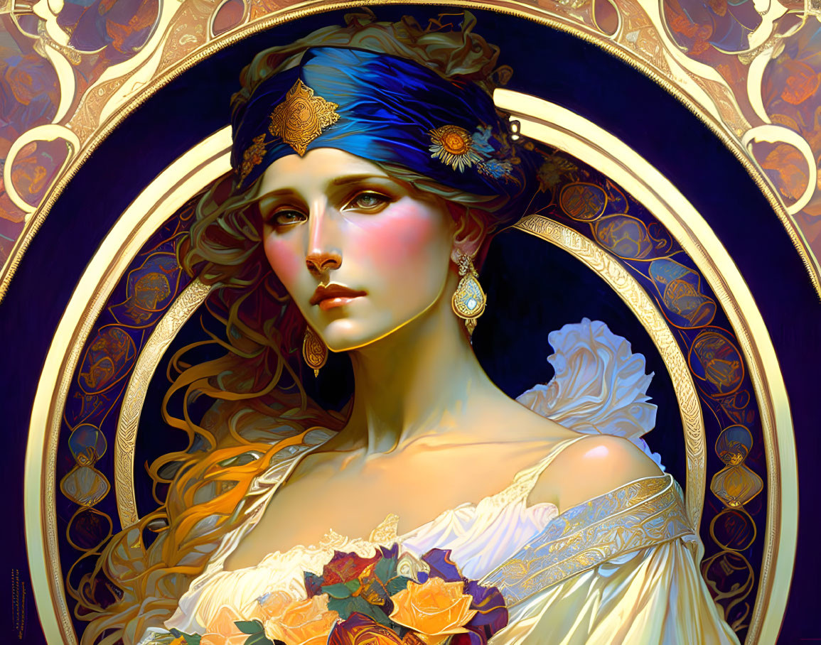 Art Nouveau Woman Portrait with Blue Headband and Orange Flowers