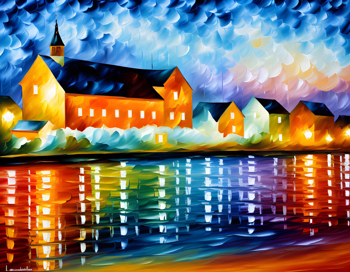 Colorful impressionistic painting of buildings reflected in water with vibrant blues, oranges, and yellows.