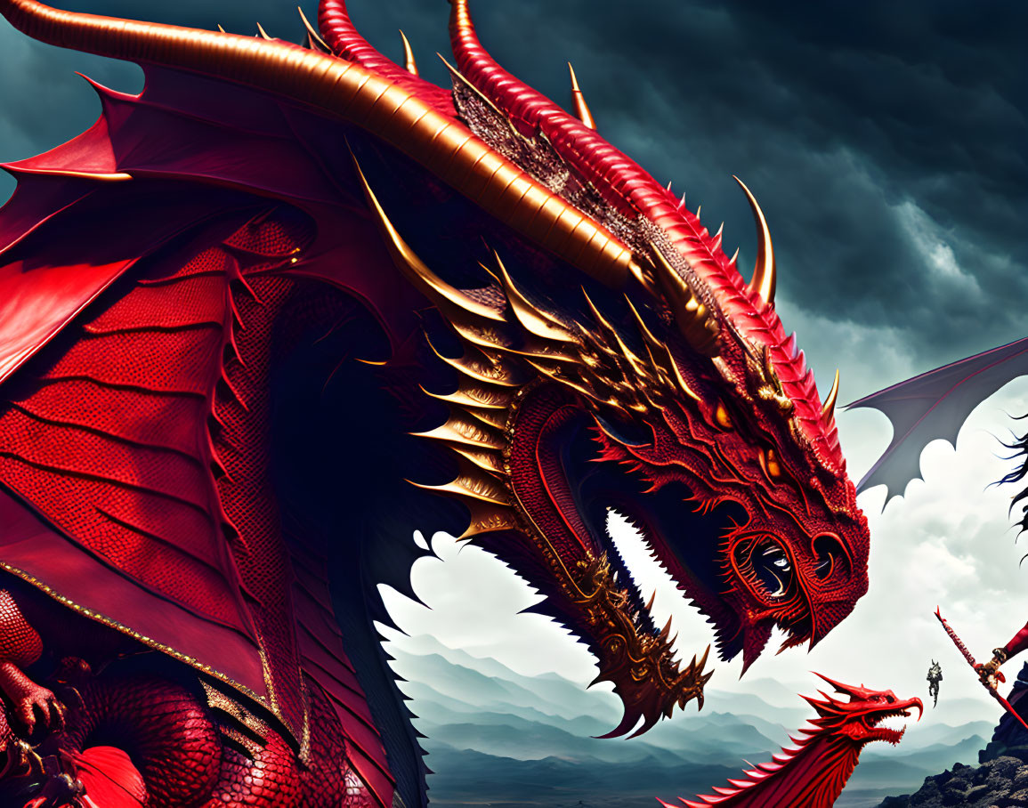 Red dragon and knight face off under stormy sky