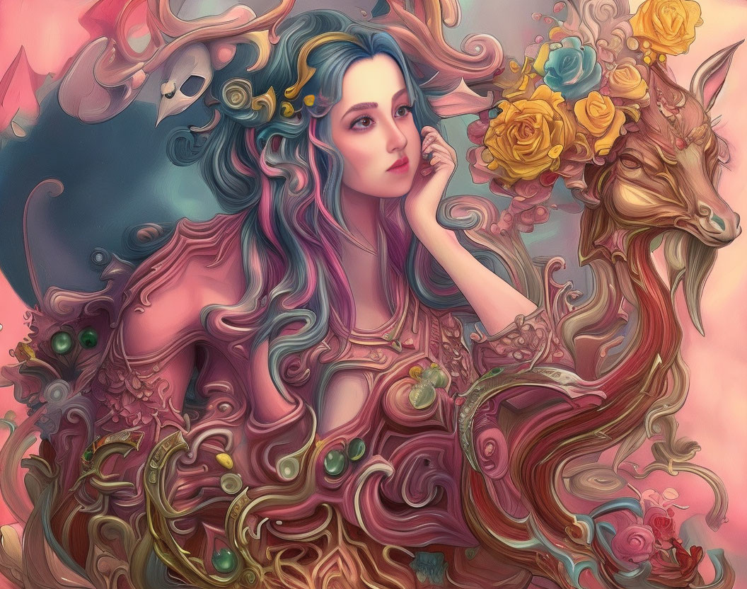 Illustration of woman with floral and faun elements and vivid colors