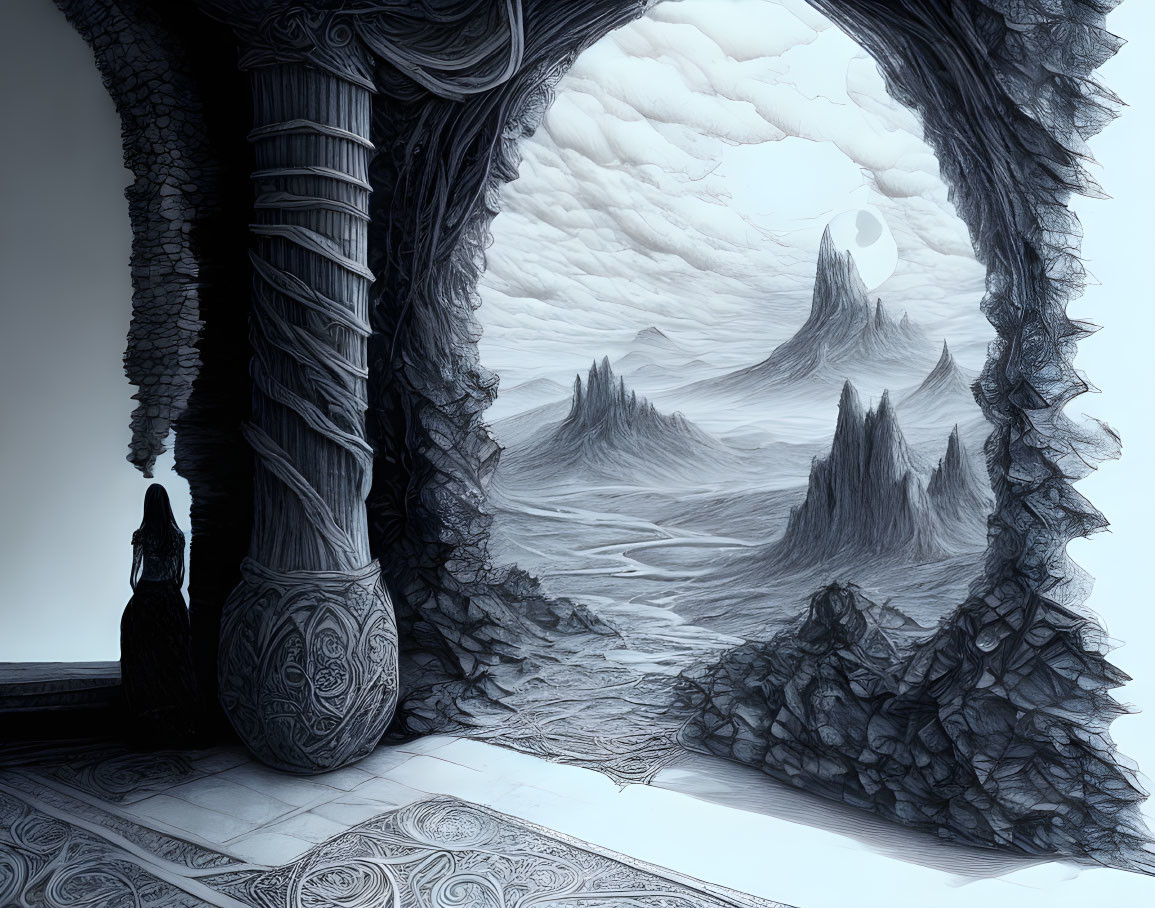 Monochromatic fantasy landscape with ornate archway and figure admiring spires