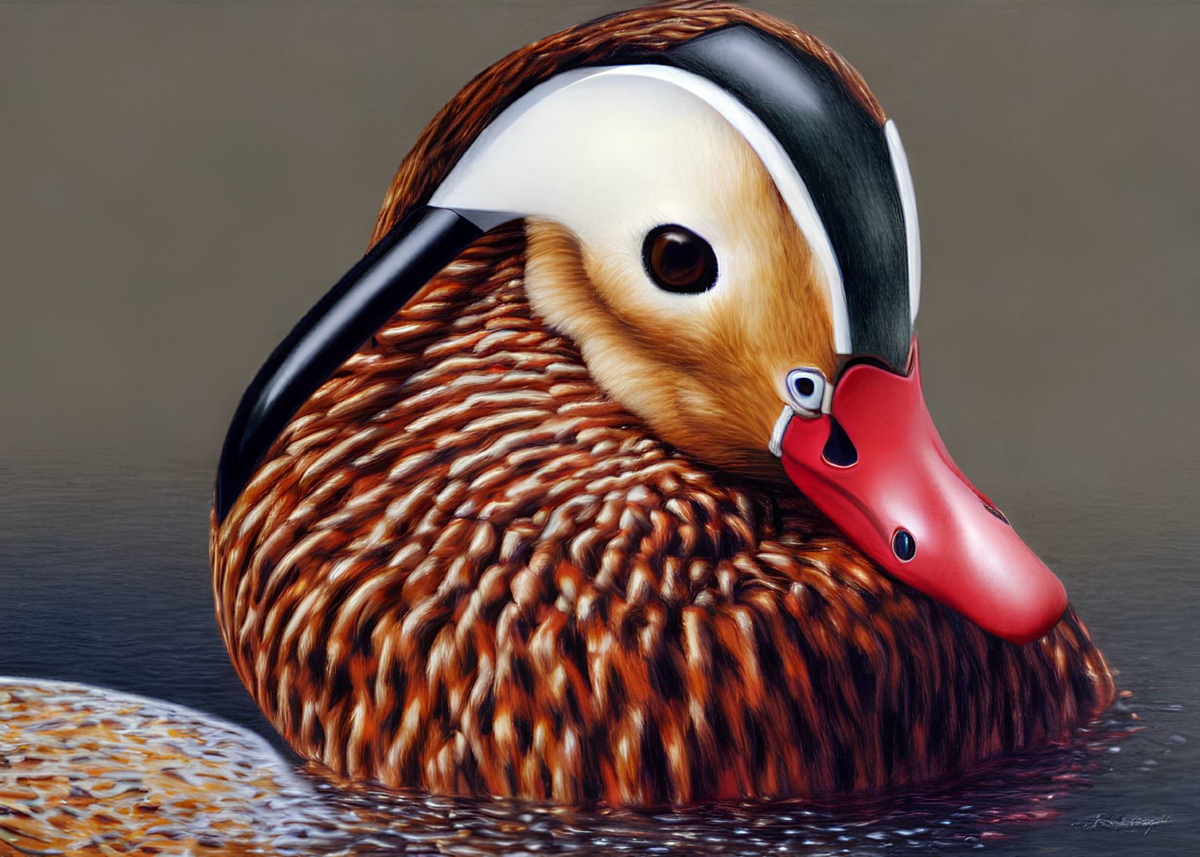 Detailed Duck Illustration with Intricate Feathers and Reflective Water