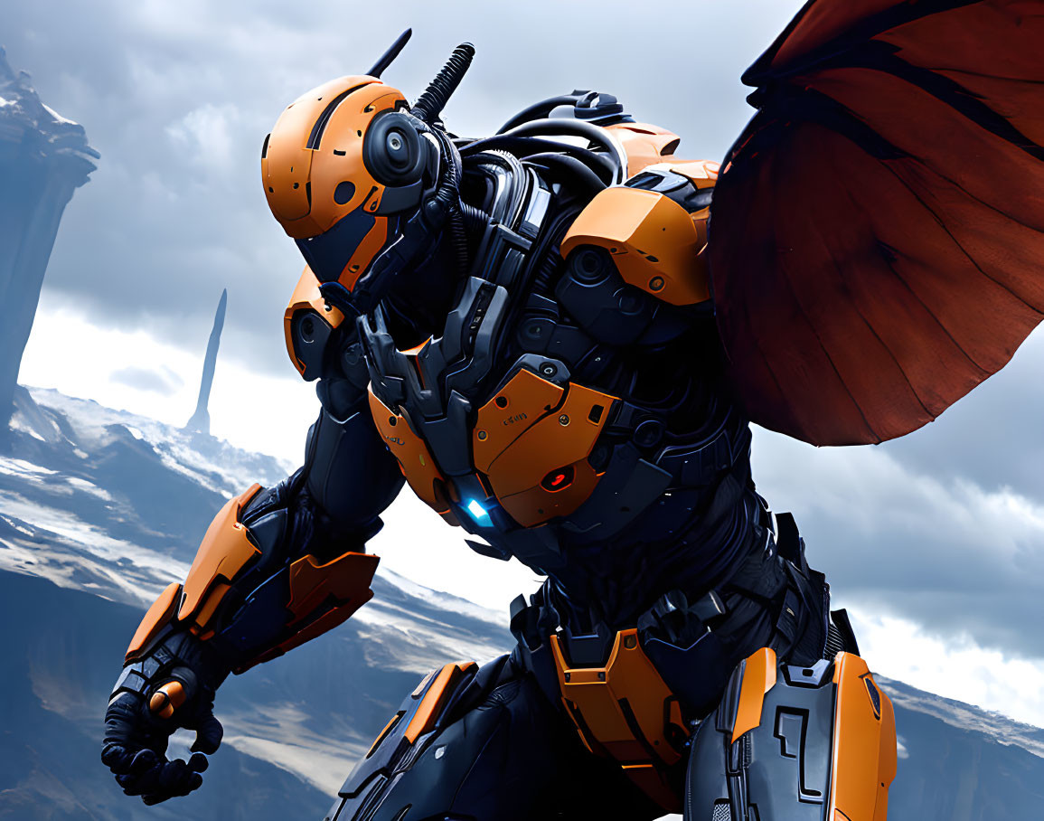 Futuristic orange and black robot with wing-like structure on mountainous backdrop