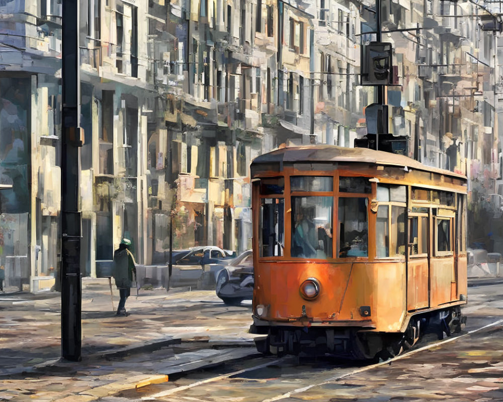 Vintage orange tram on sunlit street with pedestrians