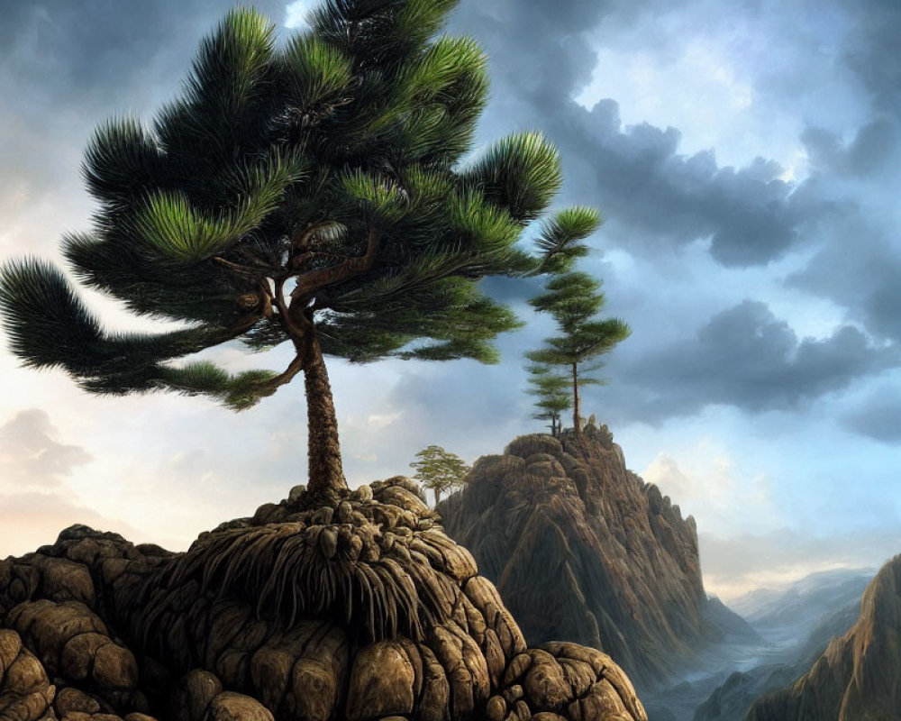 Majestic pine tree on rocky peak with misty mountain backdrop