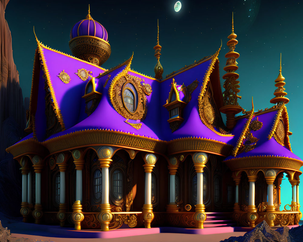 Vibrant magical castle with deep purple roof and golden trimmings