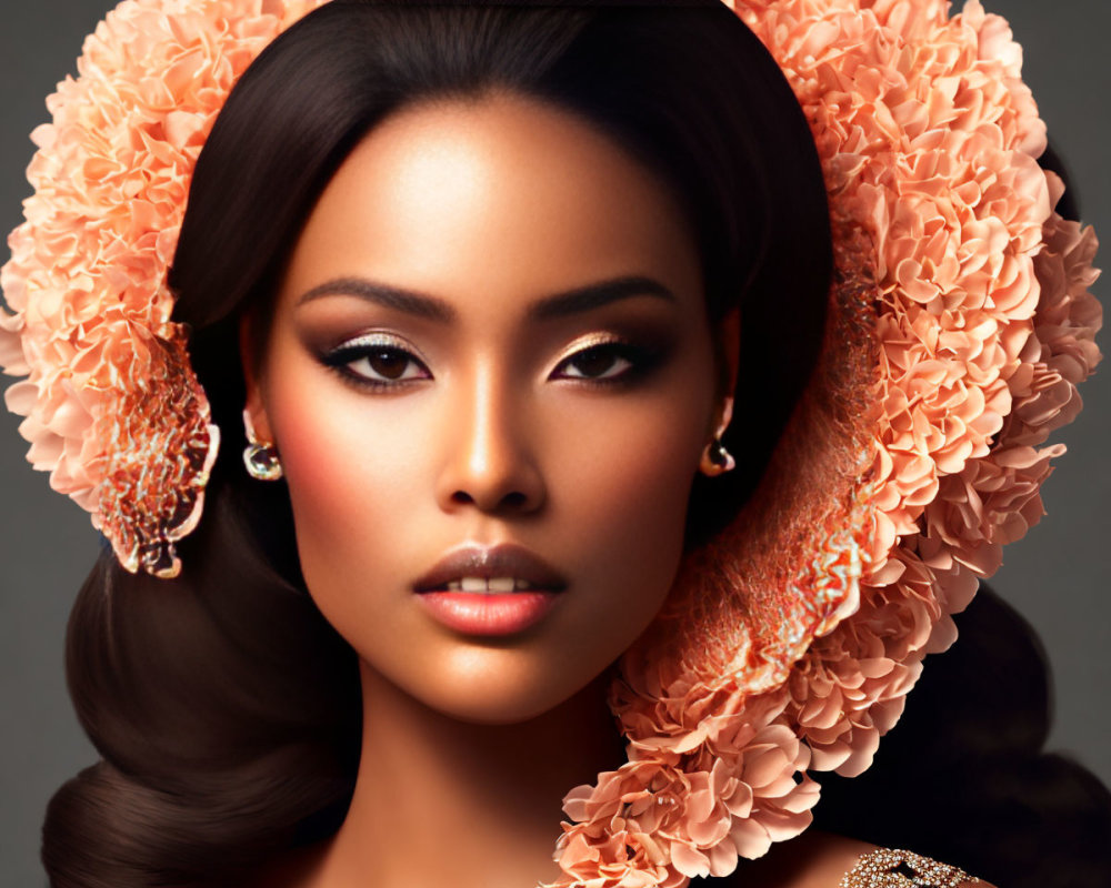 Woman with Striking Makeup and Floral Headdress Among Pink Flowers