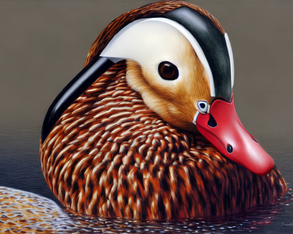 Detailed Duck Illustration with Intricate Feathers and Reflective Water