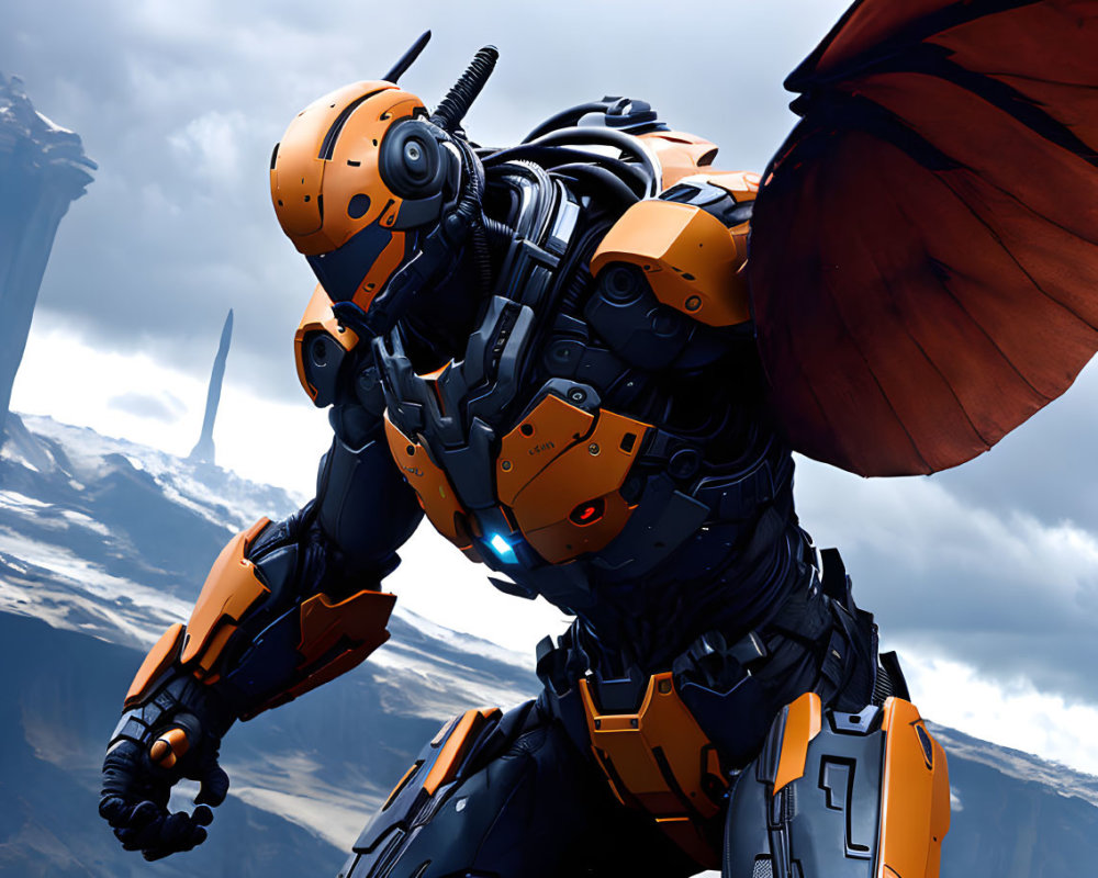 Futuristic orange and black robot with wing-like structure on mountainous backdrop