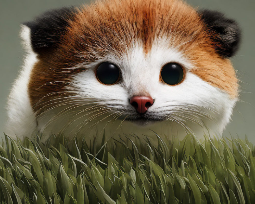 Illustration of red panda body with human-like eyes in lush grass