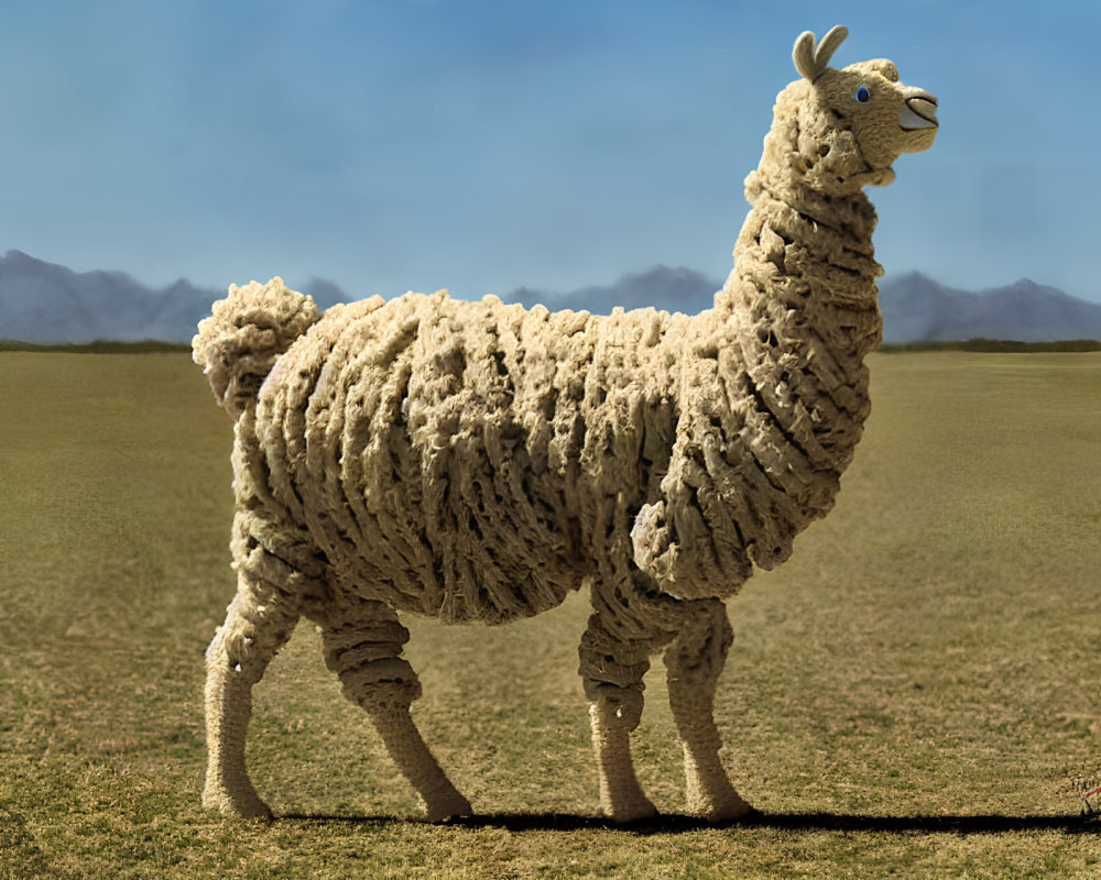 White llama in grassy field with mountains and clear sky