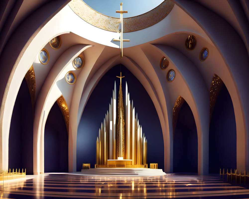 Contemporary Church Interior with Gold Altar and Arches