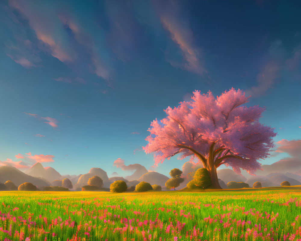 Colorful landscape with pink blooming tree and flowers, rolling hills, and vibrant sky