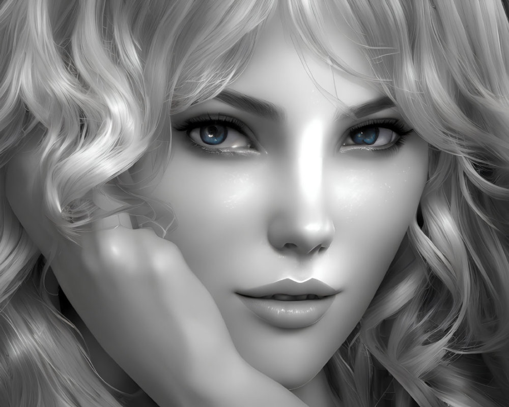 Monochrome digital artwork: Female with voluminous curly hair and striking blue eyes