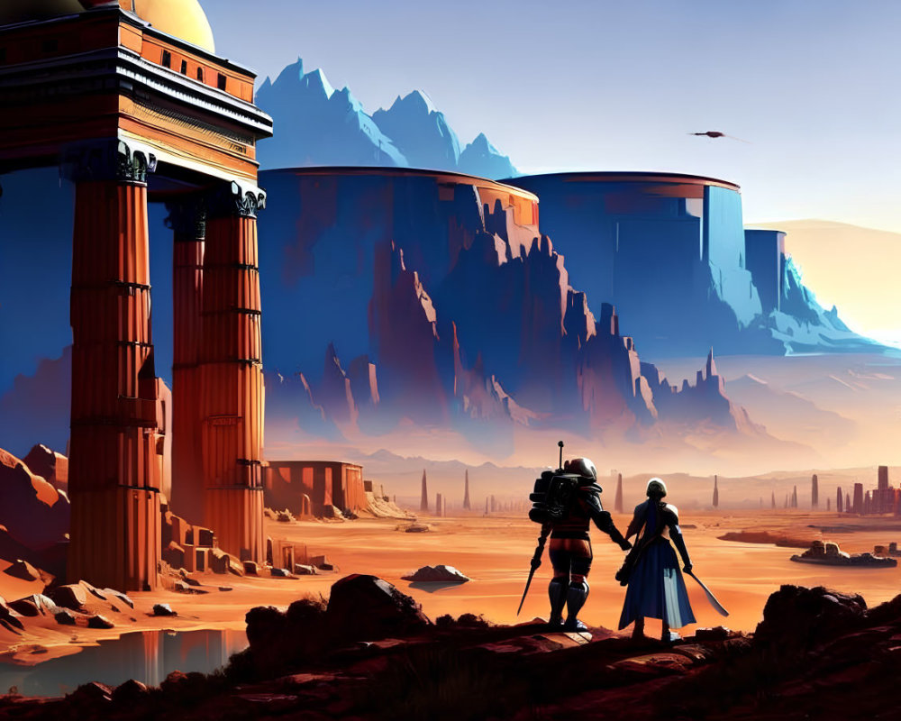 Futuristic desert cityscape with two figures and towering cliffs