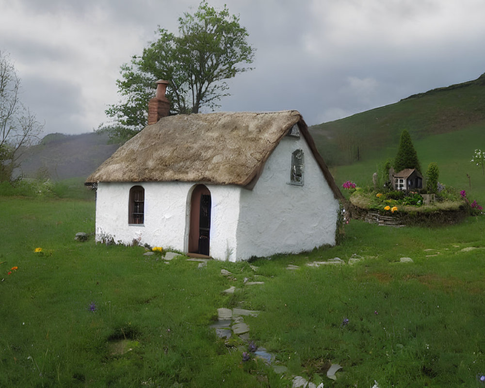 White Thatched-Roof Cottage Surrounded by Green Hills