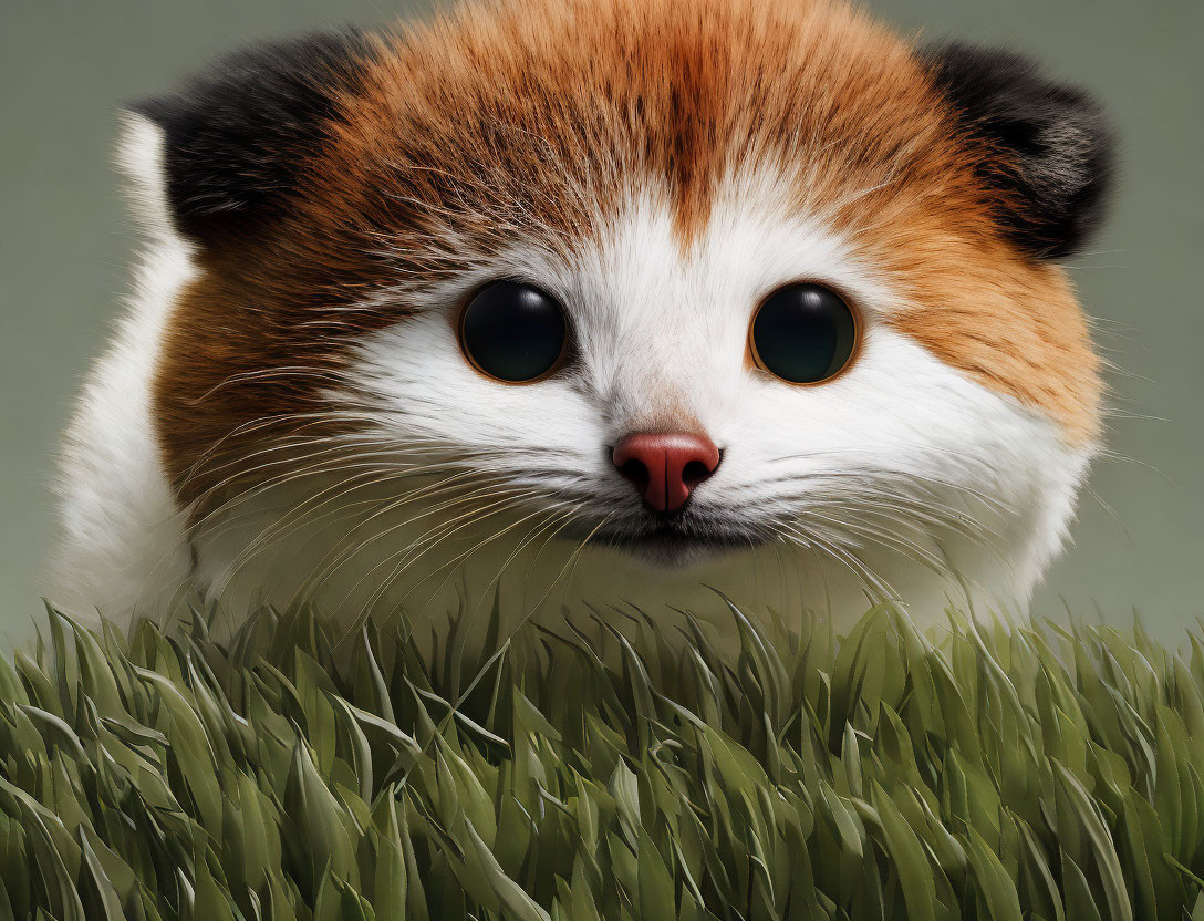 Illustration of red panda body with human-like eyes in lush grass