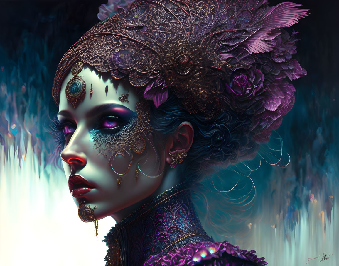 Detailed Artwork: Woman with Ornate Headpiece and Dark Ambiance