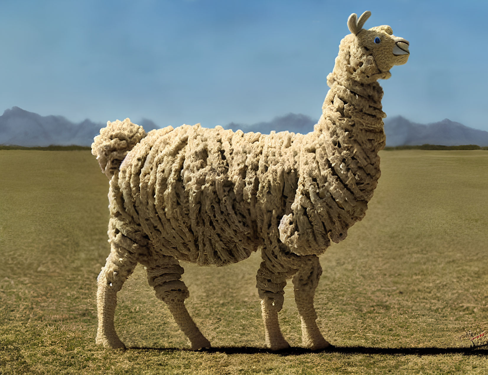 White llama in grassy field with mountains and clear sky