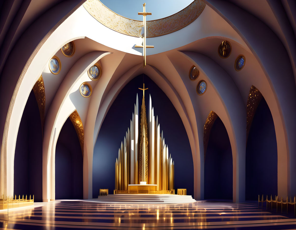 Contemporary Church Interior with Gold Altar and Arches