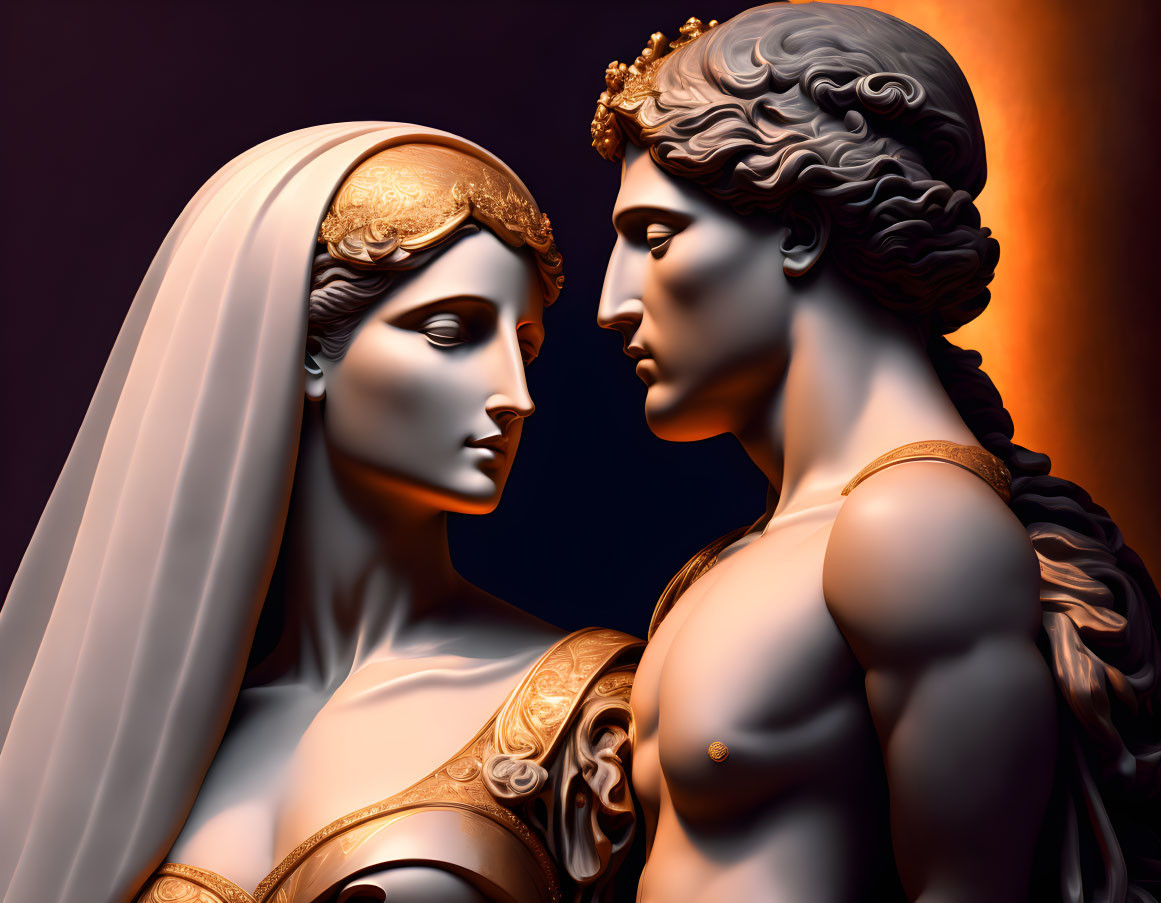 Detailed 3D rendering of classical statues: man and woman, serene expressions, warm backdrop