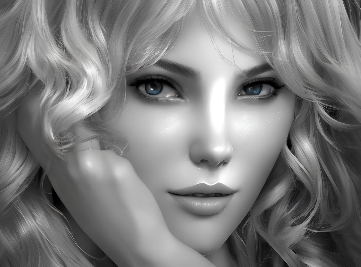 Monochrome digital artwork: Female with voluminous curly hair and striking blue eyes