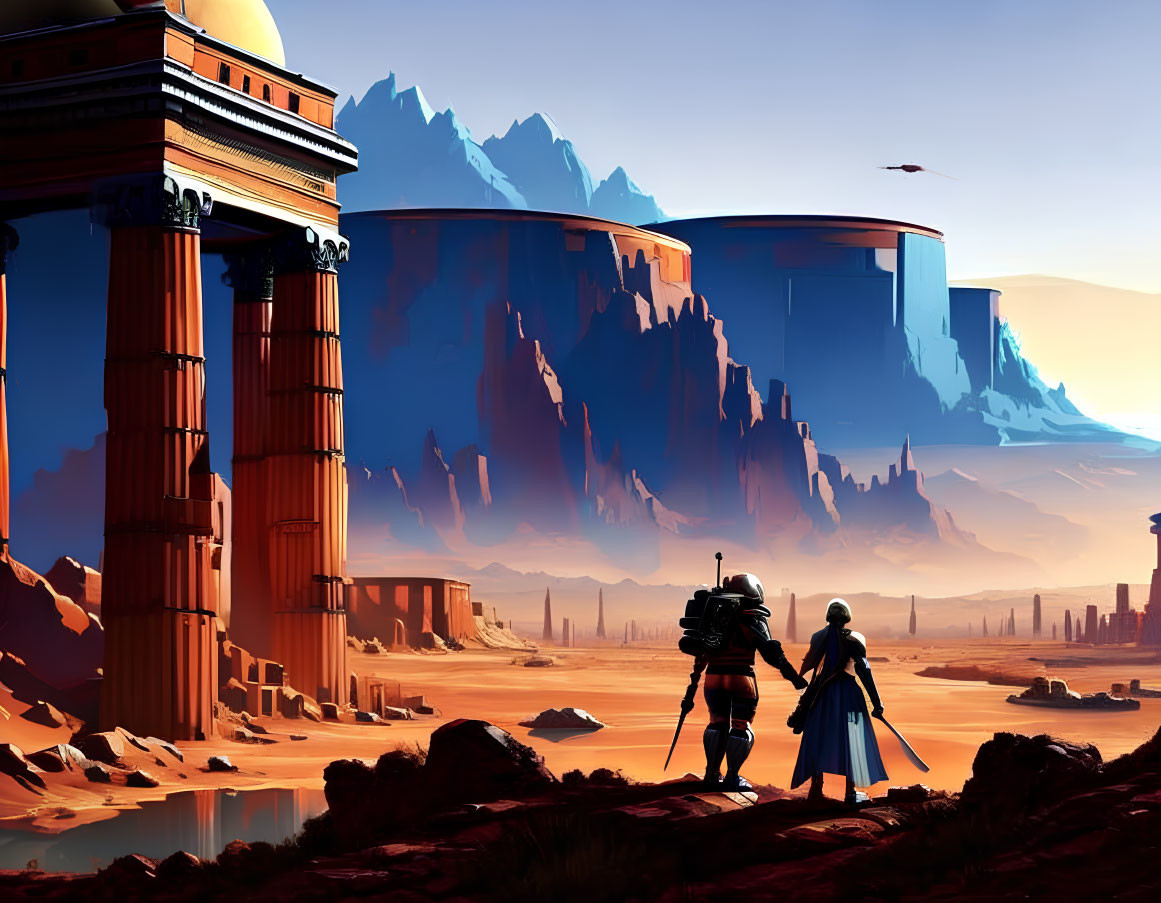 Futuristic desert cityscape with two figures and towering cliffs