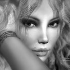 Monochrome digital artwork: Female with voluminous curly hair and striking blue eyes