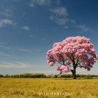 Colorful landscape with pink blooming tree and flowers, rolling hills, and vibrant sky