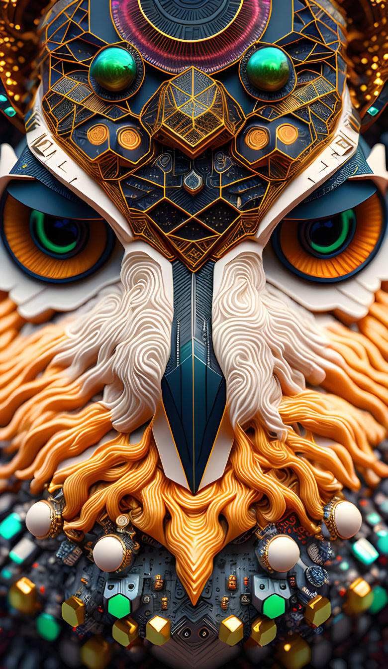 Colorful geometric owl with mechanical elements - digital artwork