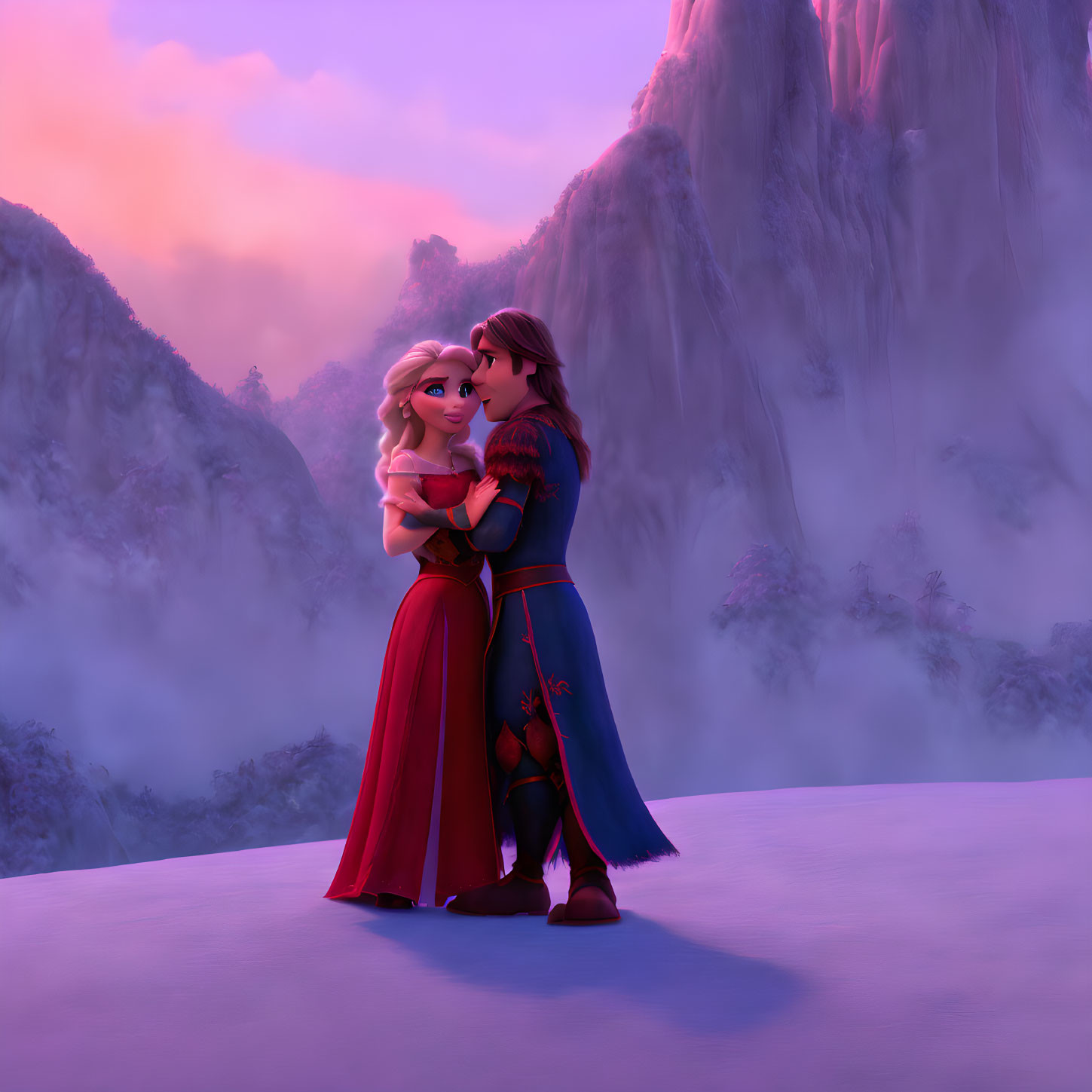 Animated characters embrace on snowy mountain at sunset.