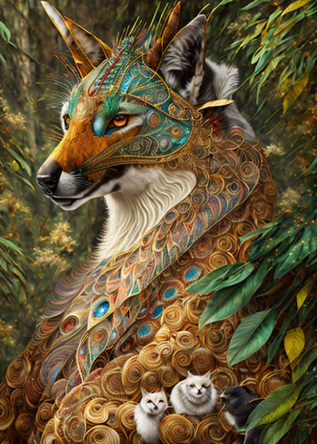 Stylized fox with ornate patterns and crown in forest with whimsical creatures