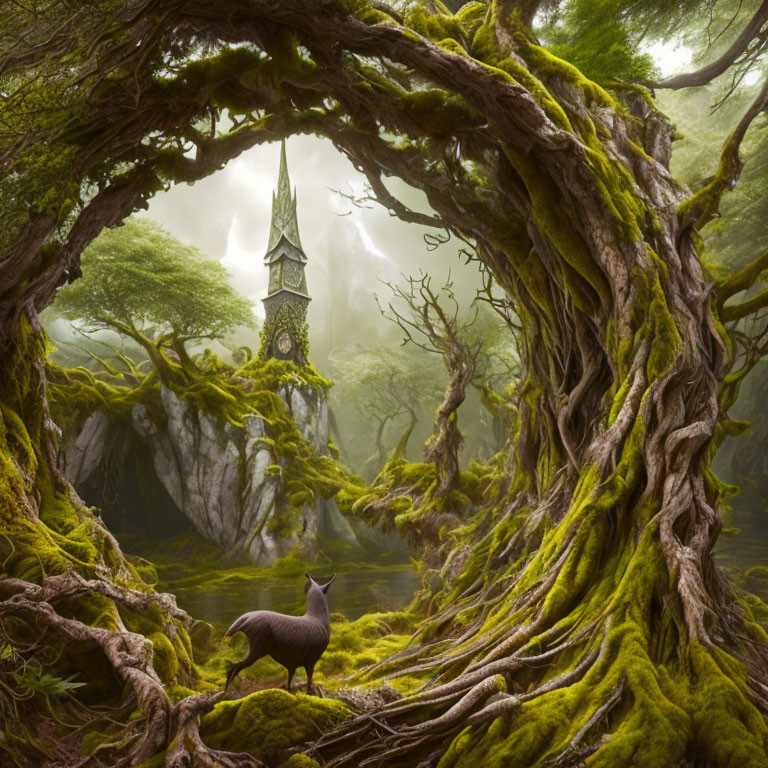 Mystical forest scene with ancient tower and deer-like creature