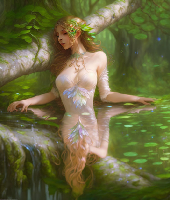 Fantasy forest digital illustration with female nature figure by tranquil pond