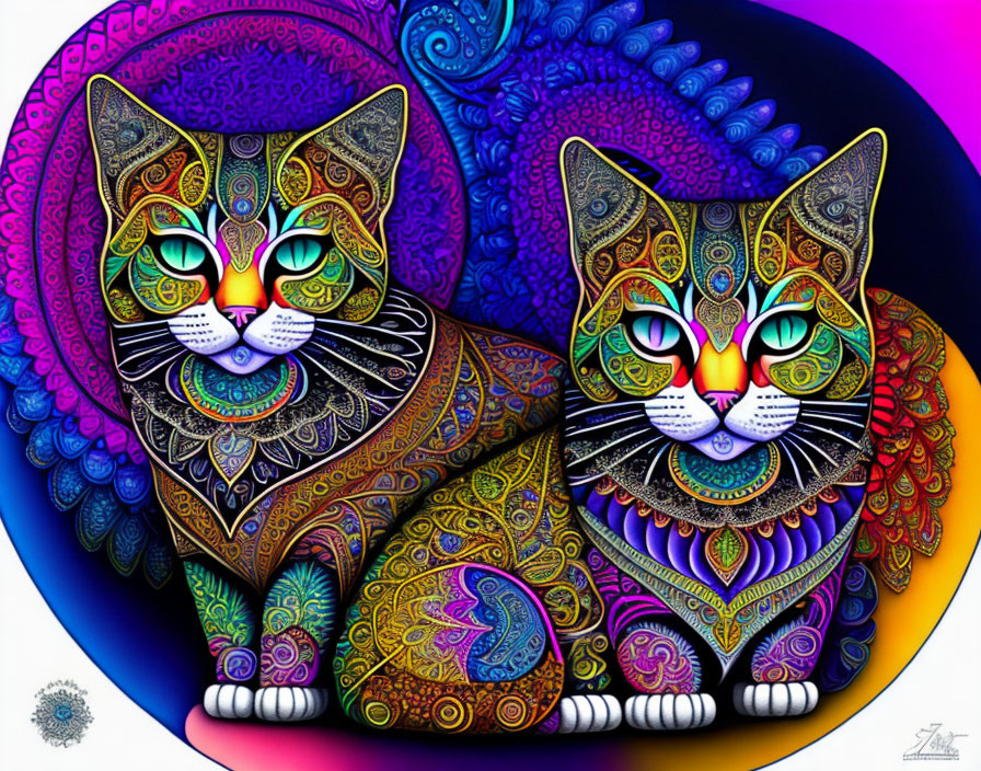 Colorful Psychedelic Patterned Cats on Multicolored Background