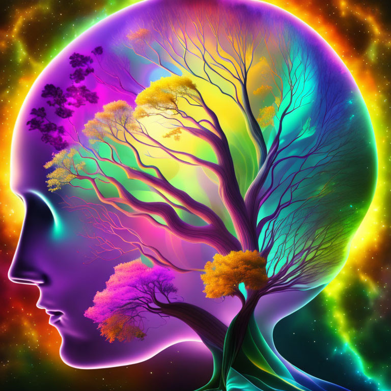 Colorful Silhouetted Profile with Tree Aura in Cosmic Background