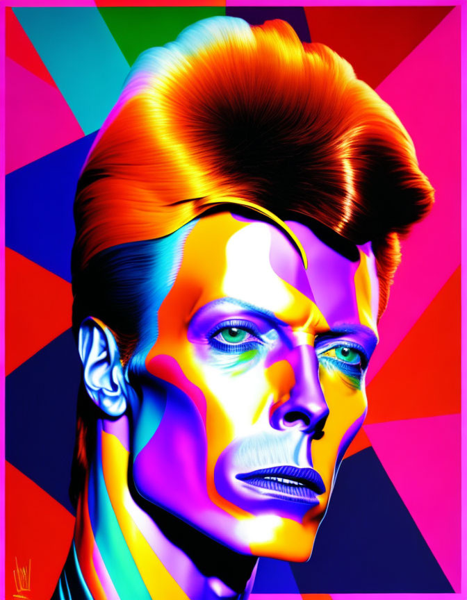 Colorful portrait of a man with mullet hairstyle on vibrant geometric background