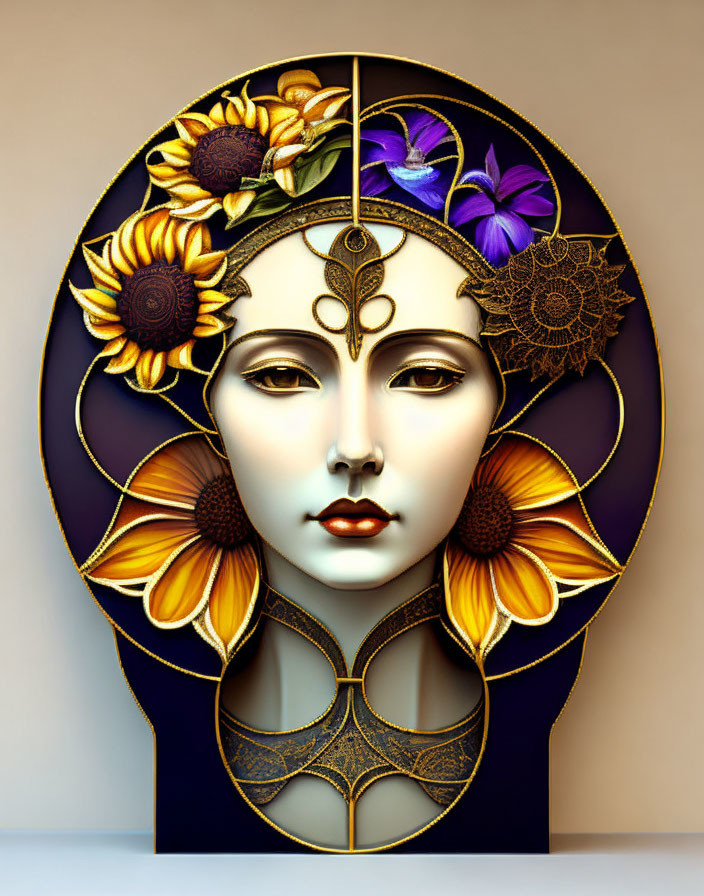 Symmetrical digital art: female face divided with sunflower and purple flowers