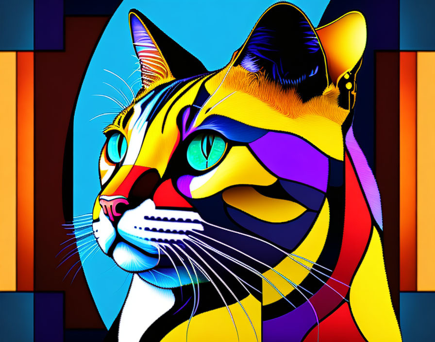 Vibrant abstract cat illustration with geometric shapes on patterned background