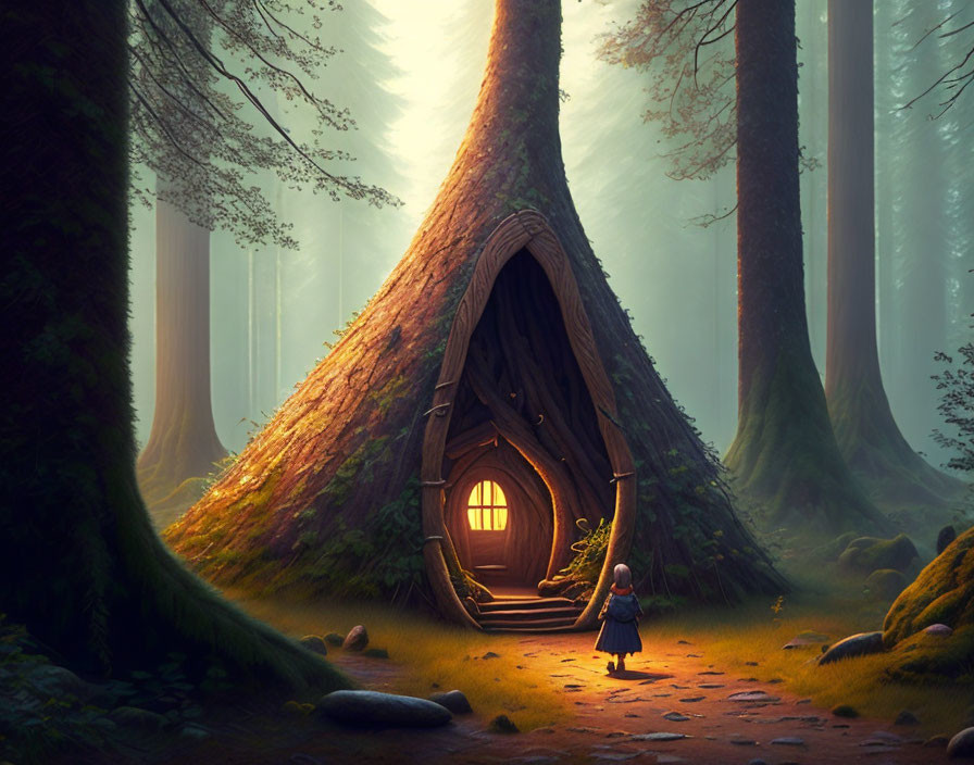 Curved door treehouse in misty forest with figure in blue cloak