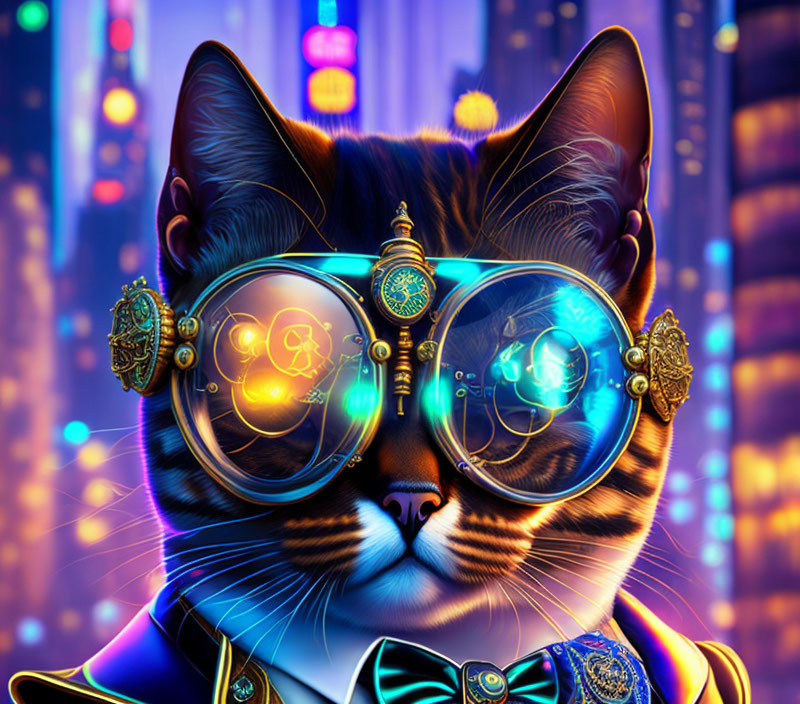 Steampunk cat with neon cityscape background