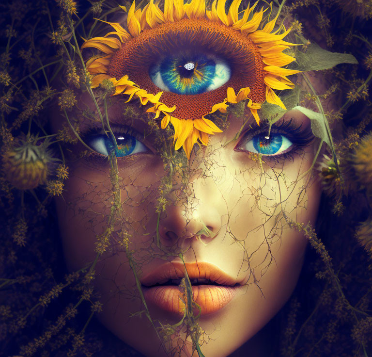 Vibrant blue eyes with sunflower petals and intertwining branches portrait