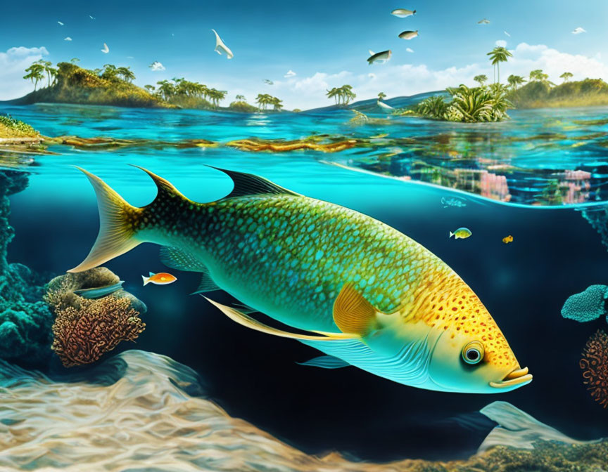 Colorful Fish and Tropical Island in Underwater Scene