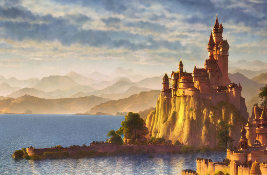 Majestic castle on lakeside cliff at sunset with mountain reflections