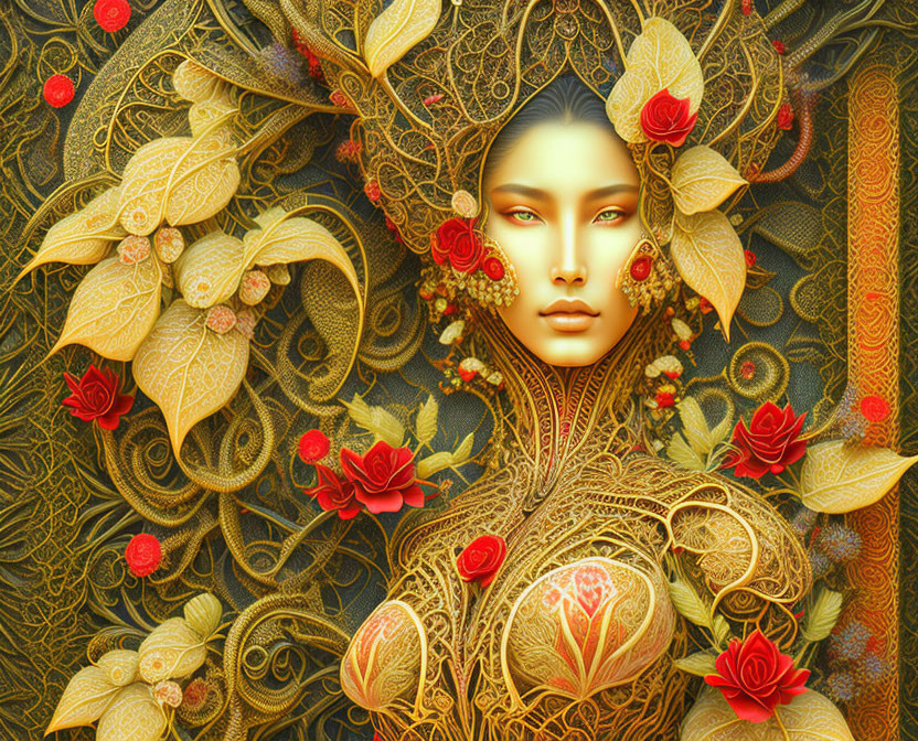 Digital artwork: Woman adorned with golden nature patterns and vibrant flowers