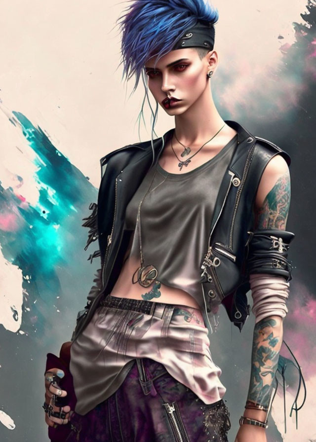 Stylized image of person with blue hair, piercings, tattoos, and punk fashion.